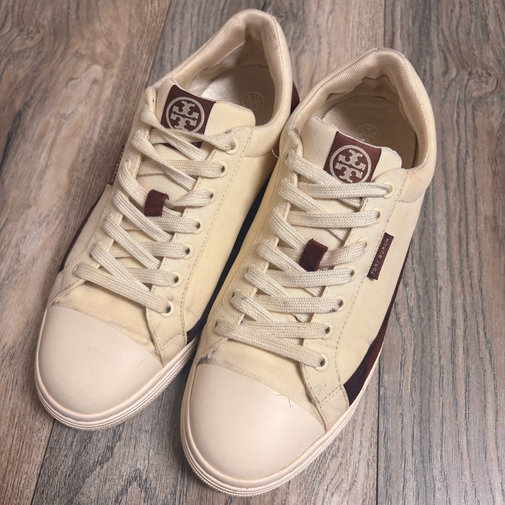Tory Burch Classic Court Sneakers Canvas Natural Suede Cream/Plum Sz 9.5M